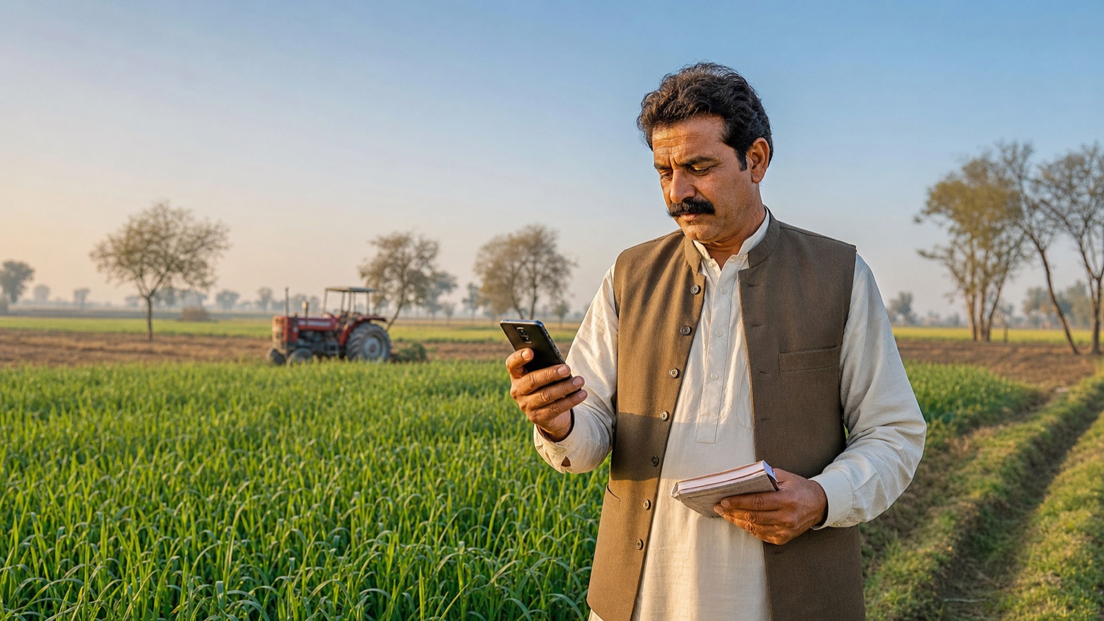 Pakistani farmer checking programme guidance on a smartphone