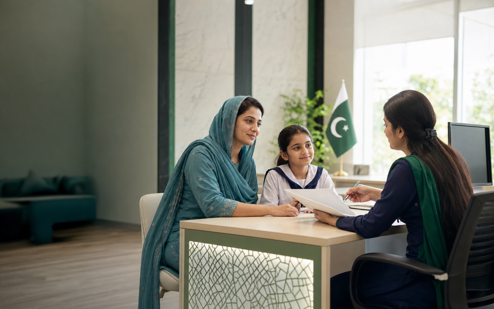 A Pakistani mother and daughter receiving public service guidance