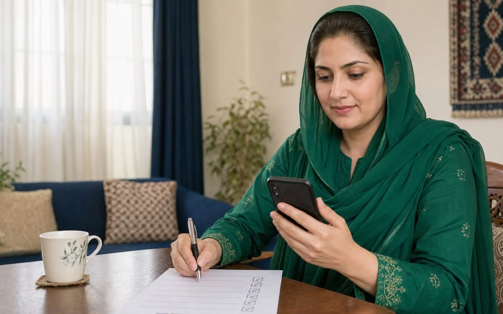 Pakistani woman safely checking government scheme eligibility on a mobile device at home